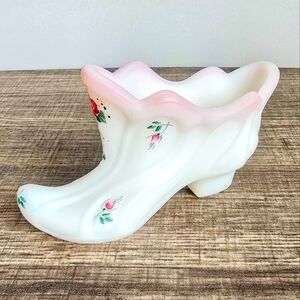 Fenton Vintage Floral Milk Glass Hand Painted Shoe Boot Trinket Dish Collectible